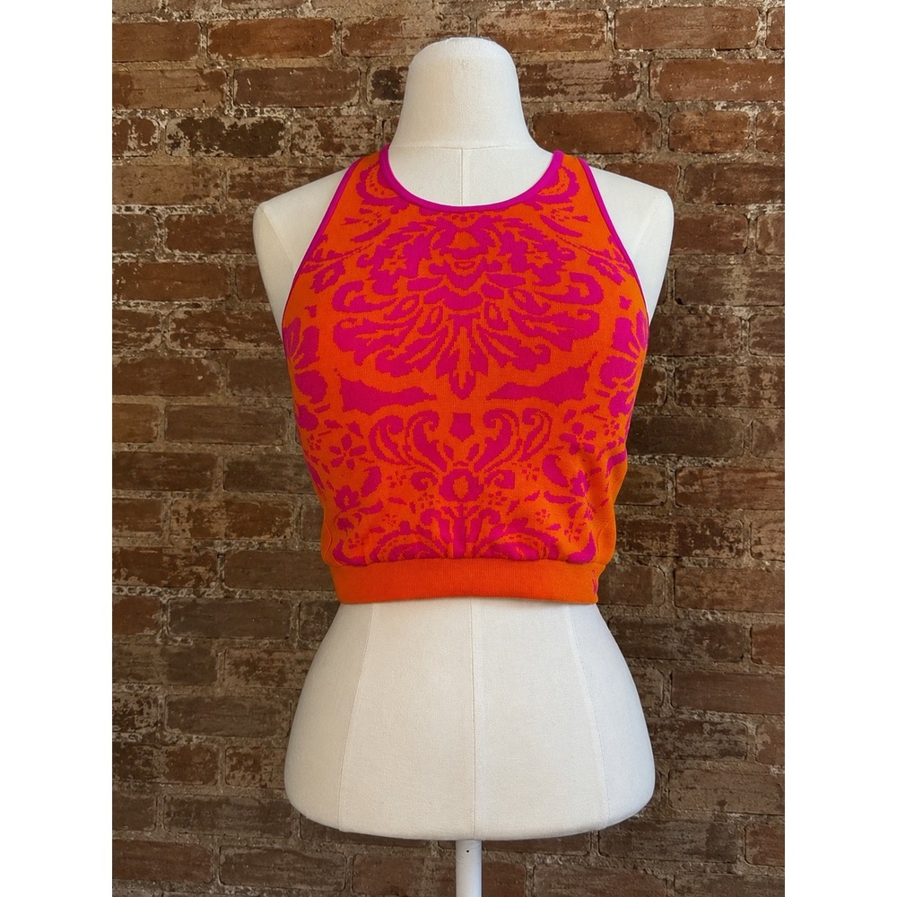 Climawear Crop Top Sports Bra Orange Pink Floral L Boho Neon Yoga Rave Festival